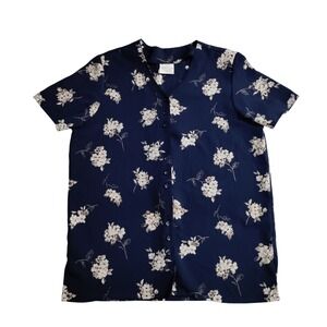 90's JR Bentley Navy Blue‎ Floral Button Up Short Sleeve Blouse Top Large 4043